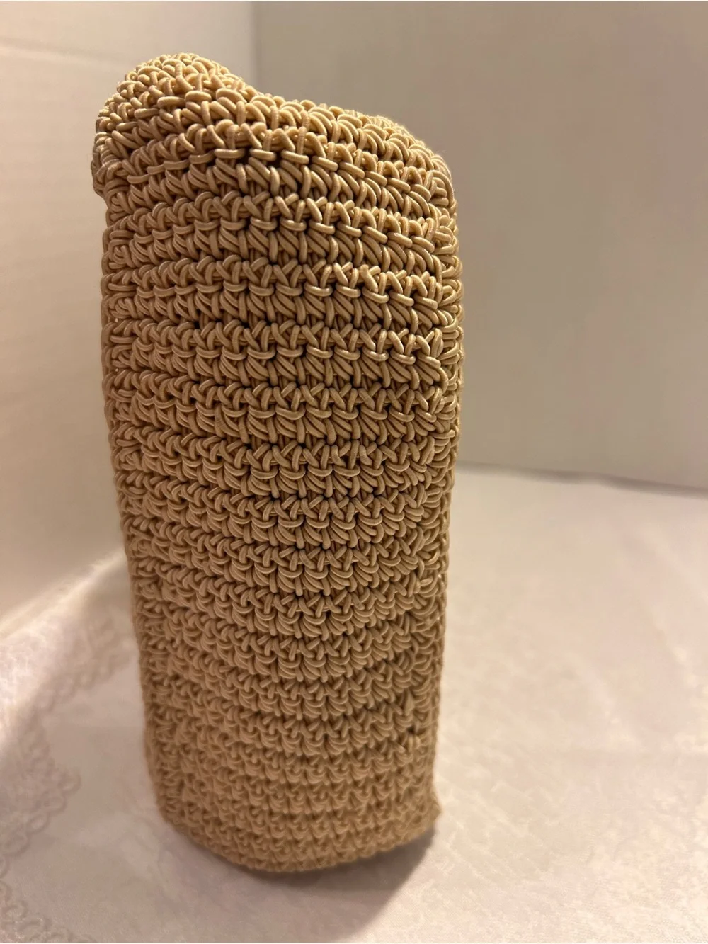Vintage 90s/Y2K Esprit Crochet Trapezoid Shoulder Bag - Beige Shell Stitch Knit